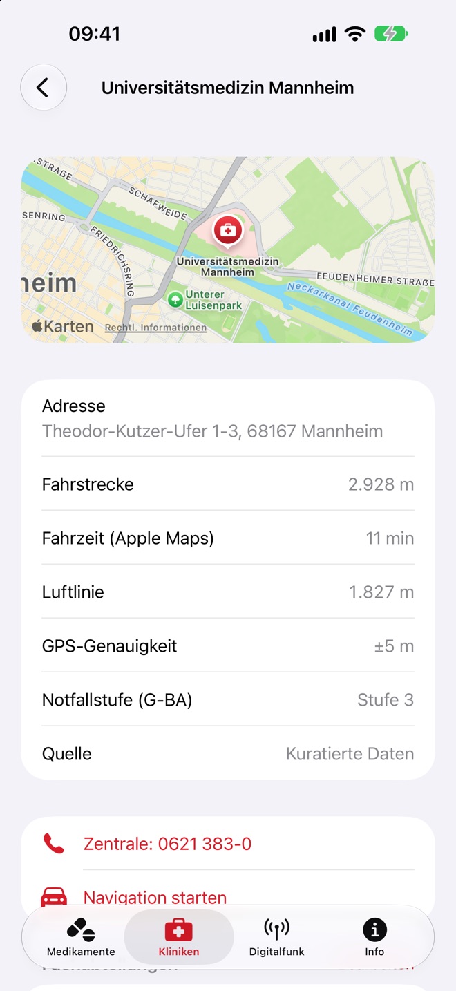 Klinik-Detail Universitätsmedizin Mannheim: Fahrstrecke 2.928 m, Fahrzeit 11 min, Notfallstufe 3